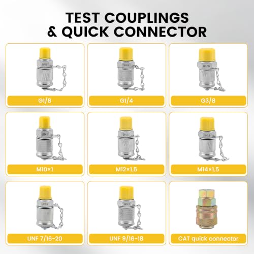 Hydraulic Pressure Test Kit (Essential Kit) | 3 Gauges, 8 Couplings, 1 Quick Connector, 2 Hoses for Excavators, Loaders, Tractors, Forklifts, Construction & Mining
