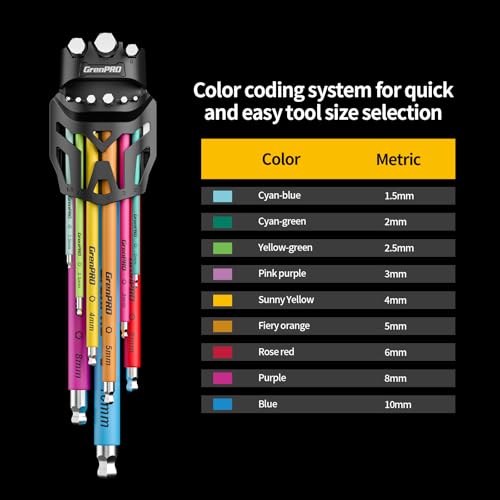 GRENPRO Allen Wrenches Sets, Hex Key Set, 9pcs Allan Wrench Sets Metric And Standard, Bike Wrench Tools Organizer With Color Coded, Long Alen Alan Keys sets, Large Mini Small Ball End Allen Wrench Set - style: 9 Pieces Allen Wrenches Sets Metric