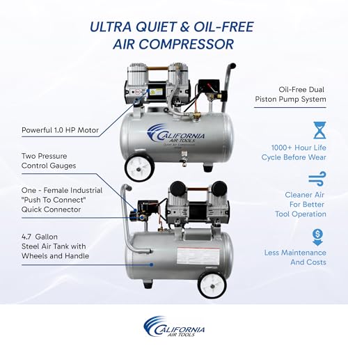 California Air Tools CAT-4710W 1.0 HP Quiet and Oil-Free Air Compressor with Wheels, 4.7 Gallon Steel Tank, 75 dBA Noise Level, Lightweight - style: 4.7 Gallon Steel, Wheels