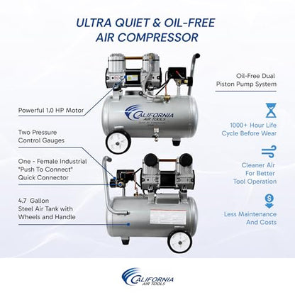 California Air Tools CAT-4710W 1.0 HP Quiet and Oil-Free Air Compressor with Wheels, 4.7 Gallon Steel Tank, 75 dBA Noise Level, Lightweight - style: 4.7 Gallon Steel, Wheels