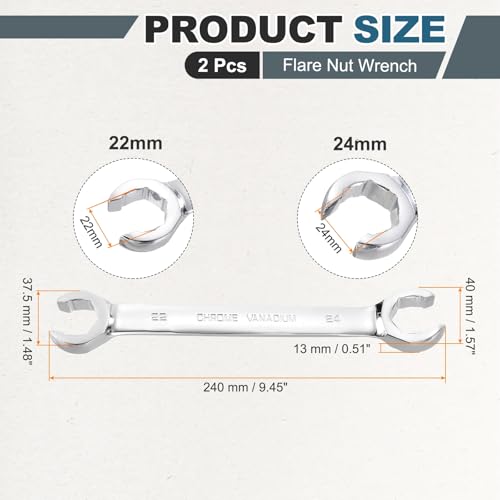 HARFINGTON 2 Pcs Flare Nut Wrench 22mm x 24mm Metric Double Open End Thick Spanner Mirror Polish Finish 45# Steel Brake Line Wrench For Fuel Tube Hose Transmission Line, Silver - size: 22mm x 24mm