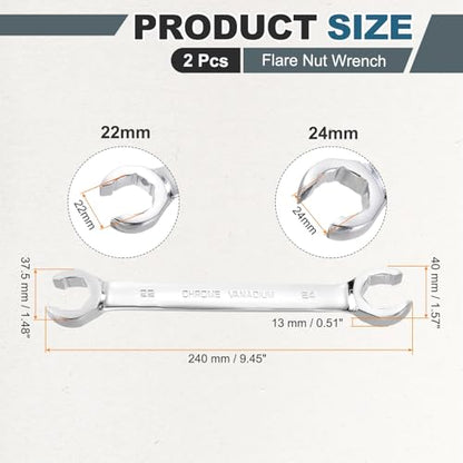 HARFINGTON 2 Pcs Flare Nut Wrench 22mm x 24mm Metric Double Open End Thick Spanner Mirror Polish Finish 45# Steel Brake Line Wrench For Fuel Tube Hose Transmission Line, Silver - size: 22mm x 24mm