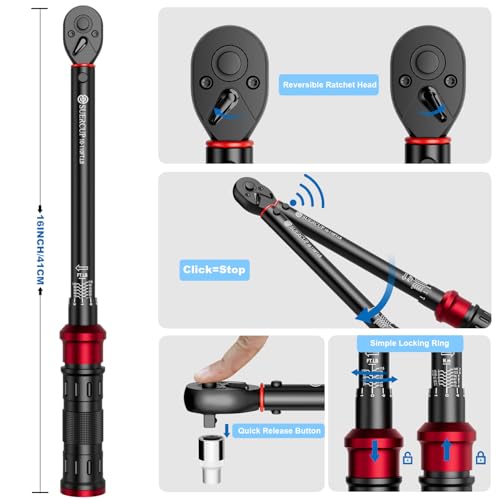 SUERCUP 3/8" Click Torque Wrench, 10-110 ft-lb, for Lug Nuts & Spark Plugs | ±3% Accuracy, 13.6-149.2Nm, Dual-Direction 72-Tooth Ratchet, Click Alert, for Engine, Suspension, Motorcycle & Car Repair - size: 3/8" 10-110Ft.Lb/13.6-149.2N.m