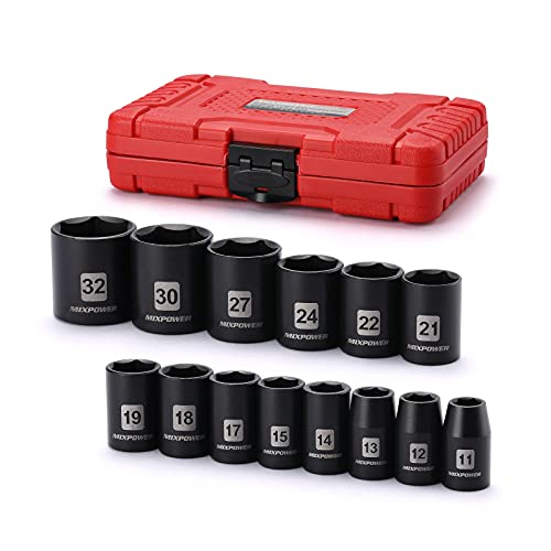 MIXPOWER 14 Pieces 1/2-Inch Drive Shallow Impact Socket Set, 11-32mm, CR-V, Metric, 6 Point, Shallow, 14 Pieces 1/2" Dr. Shallow Socket - size: 11.0 mm - 32.0 mm (Shallow, 14PCS)