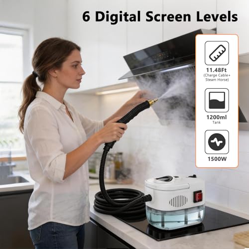 Steam Cleaner, 6-Level Adjustable Portable Steamer Handheld, Fast Heat-Up, 1.2LTank, Steamer Cleaning with 8 pcs Accessories for Home Dirt, Grease, Grout, Tile,Floor, Car, Carpet