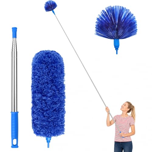 Cobweb Duster with Extension Pole 100 inches, Dusters for Cleaning with 2 Duster Heads, Washable Microfiber Feather Duster for Cleaning Ceiling Fan, High Ceiling, Blinds, Furniture & Cars - color: 2pc-blue