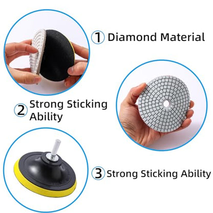 XKDOUS 13pcs Diamond Polishing Pads Set,50-8000 Grit Pads,Wet/Dry Granite Polish Kit with Backer Pad for Drill Grinder Rock Polisher Granite Marble Stone Concrete Tile Tools