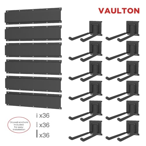 VAULTON Heavy Duty Metal Slot Wall Panel Garage Organization Kit, 6 * 16inches, Wall Mounted Tool Organizer With 12 Double Hooks, Interlocking Slot Panel, 18pcs - style: 96inch 6 Panels+12 Hooks