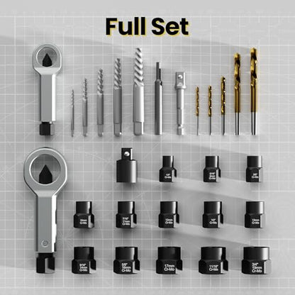 28PCS Bolt Extractor Set, Impact Nut/Bolt Removal Drill Kit, Broken Nut and Bolt Extractor, Cr-Mo Steel, for Removing Socket Screws, Broken Bolts - size: 28-Piece Extractor Set