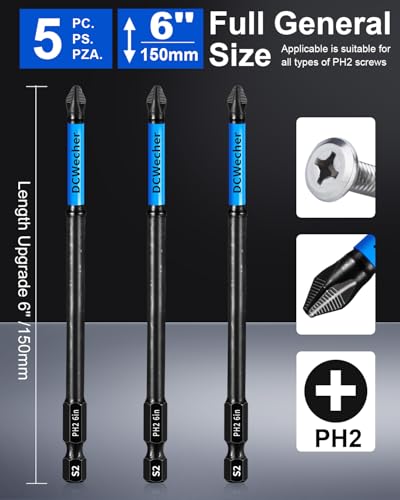 6-Inch Long Phillips Head Drill & Screwdriver Bits 5-Pack, 2 Phillips Bits #2 Impact Magnetic, S2 Alloy Steel, CNC Anti-Slip, 1/4" Hex Shank, Ph2 for Impact Driver, by DCWecher - size: 6 inch 5-pcs PH2