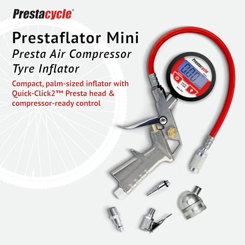 Prestaflator Bike Tire Inflator, Presta & Schrader Valve Air Compressor Tool – Works with Tubeless & Standard Tires – Bike & Car Air Compressor Tire Inflator for MTB & Road Bikes