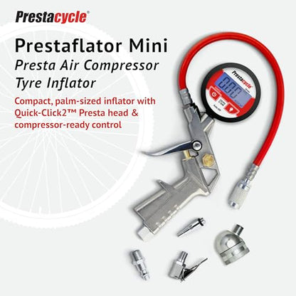 Prestaflator Bike Tire Inflator, Presta & Schrader Valve Air Compressor Tool – Works with Tubeless & Standard Tires – Bike & Car Air Compressor Tire Inflator for MTB & Road Bikes