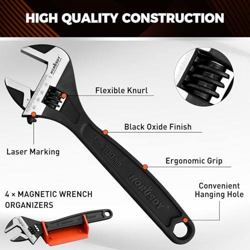 HORUSDY 4-Piece Adjustable Wrench Set With 4-Piece Magnetic Wrench Organizer Racks, 6" 8" 10" Wide Jaw Black Oxide Wrenches with Tool Roll Pouch, Metric&SAE Scales, CR-V Steel for Home Garage Workshop - style: 4 Wide Jaw Wrenches + 4 Magnetic Racks