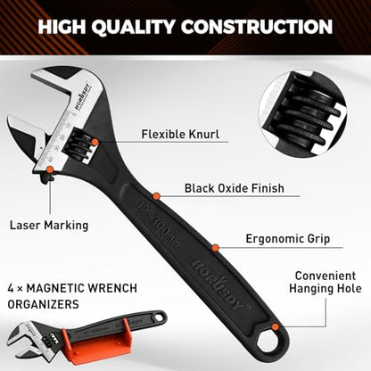 HORUSDY 4-Piece Adjustable Wrench Set With 4-Piece Magnetic Wrench Organizer Racks, 6" 8" 10" Wide Jaw Black Oxide Wrenches with Tool Roll Pouch, Metric&SAE Scales, CR-V Steel for Home Garage Workshop - style: 4 Wide Jaw Wrenches + 4 Magnetic Racks