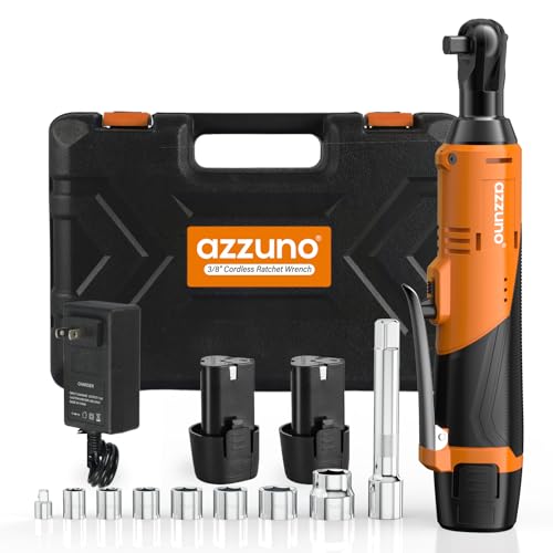 AZZUNO Cordless Electric Ratchet 3/8 Drive, 30 Ft-lbs Torque & 300 RPM, Power Ratchet Wrench Set With Variable Speed, LED Light, 2 Packs 2.0Ah Battery, Fast Charger, 7 Sockets & Extension Bar (Orange) - color: Orange