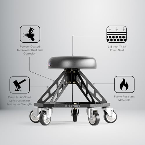 Vyper Robust Steel Pro Garage Stool Large Wheels, Red Frame | Robust steel garage stool with 400 lb capacity, large industrial casters, foam seat, tool tray, and red frame for auto or DIY - color: Black Seat, Red Frame