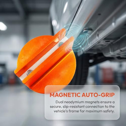 Universal Aluminum Grooved Pinch Weld Jack Pad - 0.38" Magnetic Jack Puck & Large Slotted Frame Rail Protector for Cars, SUVs, Trucks & Pickups – Heavy-Duty Floor Jack Adapter(Orange)