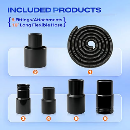 10 Foot Long Dust Collection Power Tool Hose Kit with 5 Fittings Universal for Multiple Tools & Vacuums - size: 10FT HOSE KITS