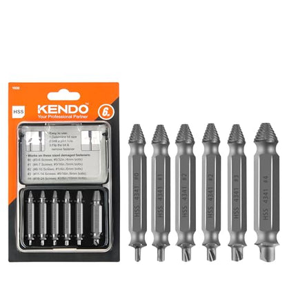 KENDO 6PC HSS Damaged Screw Extractor Set - Remover for Stripped Screws Nuts & Bolts, Drill Bit Tools for Easy Removal of Rusty & Broken Hardware, Easy Removal of Rusty Broken Hardware Gift - style: 6-PC