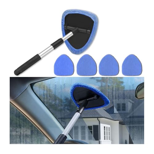 Windshield Cleaner Tool - Portable Car Interior Window Cleaning Kit with Extendable Handle, 4 Microfiber Towel Pads, Auto Glass Wiper for Windshield, Universal for RV, SUV, Truck (Blue) - color: Blue