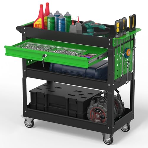 3 Tier Rolling Tool Cart on Wheels, 550 LBS Tool Cart with Drawers，Heavy Duty Utility Cart with Pegboard and Hooks，Mechanic Tool Storage Cart for Garage, Warehouse (Black-Green) - color: Black-green