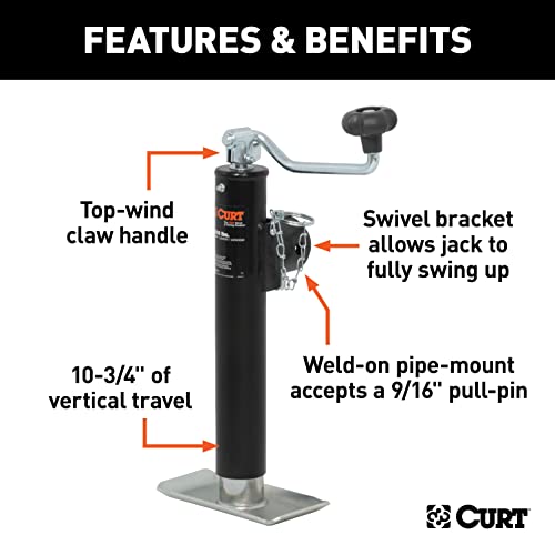 CURT 28320 Weld-On Pipe-Mount Swivel Trailer Jack, 2,000 lbs., 10-3/4 Inches Vertical Travel