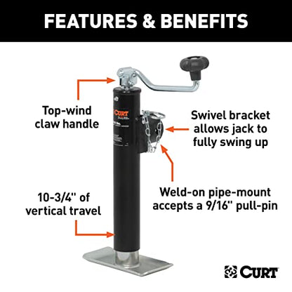 CURT 28320 Weld-On Pipe-Mount Swivel Trailer Jack, 2,000 lbs., 10-3/4 Inches Vertical Travel