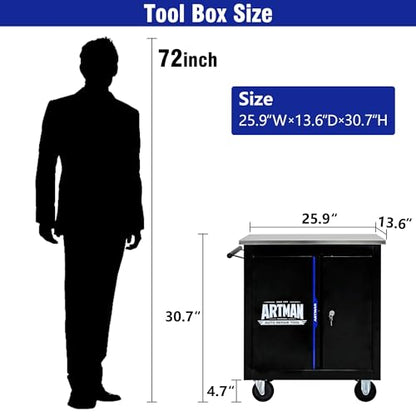 1 Cabinet Heavy Duty Rolling Tool Chest, Lockable Mobile Metal Tool Cart with Stainless Steel Worktop, Garage Tool Storage Cabinet for Workshop Auto Repair, Black & Blue, 30.7" H × 25.9" W - size: 1 Cabinet