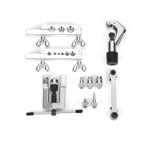 Brake Line Flaring Tool Flaring Tool Kit for Copper Flaring Tool Kit for Copper with Ratchet Wrench and Tubing Cutter for Copper HVAC Water Gas Pipe Brass Magnesium and Soft Steel Lines