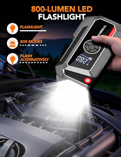 Sharmeal Jump Starter with Air Compressor, 7000A Car Battery Jump Starter (All Gas /12.0L Diesel), 200PSI Jump Starter Power Pack Portable 12V Jump Box with Jumper Cables, LED Light - color: Grey-7000A+ Air Compressor