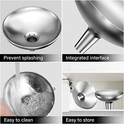 Serinar Stainless Steel Funnel, 2 Large and Small Mouth Filling Kitchen funnels, Liquids, fluids, Spices and Powders, Durable and Washable.