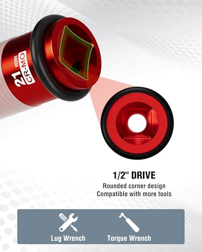 WORKPRO 1/2" Drive Lug Nut Impact Duty Socket, 21mm Deep Thin Wall Socket, Made of Premium Cr-Mo Steel, Non-Marring Lug Nut Wheel Sockets for Car - size: 1/2" DR x 21mm