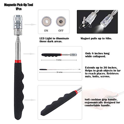 Glarks 10 In 1 Heavy Duty Hook and Pick Set, 9Pcs Precision Scraper, Hook and Pick with a 19 to 69 CM Telescopic Magnetic Pickup Tool For Removing Gaskets, Springs, Oil Seals, O-rings