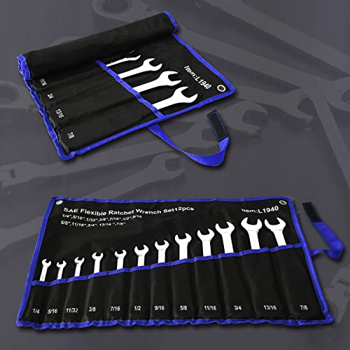 Qnkaa Qnkaa12pcs Flexible Ratchet Wrenches Set SAE 1/4” to 7/8“ Inch | Standard Spanners Gear Ring Ratcheting Combination Flexi Wrench Kit Flex Flexible Head - size: 12-Piece SAE Set