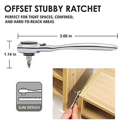STREBITO Right Angle Screwdriver 32-Piece 1/4 Inch Mini Ratchet Set Low Profile Offset Bit Set with 72-Tooth Ratcheting Wrench Stubby Ratchet 90 Degree Screwdriver for Small Spaces - color: 32 in 1