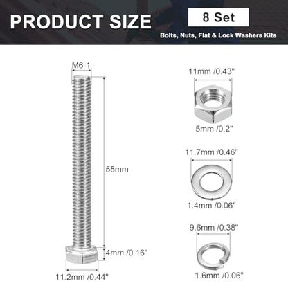 uxcell M6 x 55mm Hex Head Screws Bolts, Nuts, Flat & Lock Washers Kits, 304 Stainless Steel Fully Thread Hexagon Bolts 8 Sets - size: M6 x 55mm