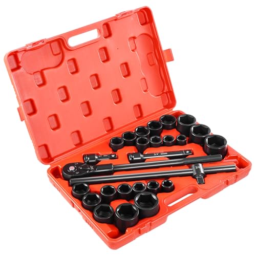 VEVOR Impact Socket Set, 3/4 Inches Socket Assortment, Drive Socket Set Impact Standard SAE (7/8 Inches to 2 Inches) & Metric Sizes (22 mm-50 mm), 27 Piece Standard Impact Sockets - style: 3/4" 27PCS
