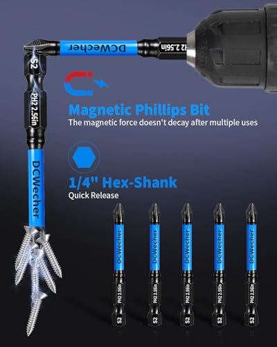 4-Inch Long Phillips Head Drill & Screwdriver Bits 5-Pack, 2 Phillips Bits #2 Impact Magnetic, S2 Alloy Steel, CNC Anti-Slip, 1/4" Hex Shank, Ph2 for Impact Driver, by DCWecher - size: 4 inch 5-pcs PH2