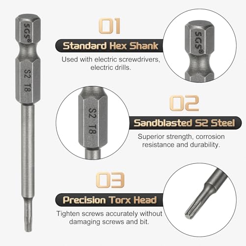 HARFINGTON 3pcs T8 Torx Head Screwdriver Bit 1/4" Hex Shank 2.6" (65mm) Long Magnetic No Hole Tip Tamper Proof 6 Point Star Screw Driver Drill Bits S2 Steel Industrial Power Screwdrivers - size: T8 x 2.6"(65mm)