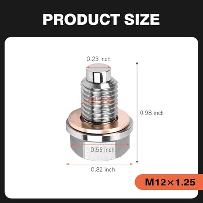 M12 x 1.25 Magnetic Oil Drain Plug, Magnetic Stainless Steel Oil Pan Drain Nut Bolt with 5 PCS Copper Crush Washer Anti Leakage, Universal Leak-proof Replacement,Fits Most Cars, Motorcycles, Boats - size: M12×1.25