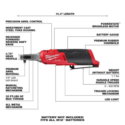 Milwaukee 2566-20 M12 FUEL Brushless Lithium-Ion 1/4 in. Cordless High Speed Ratchet (Tool Only)
