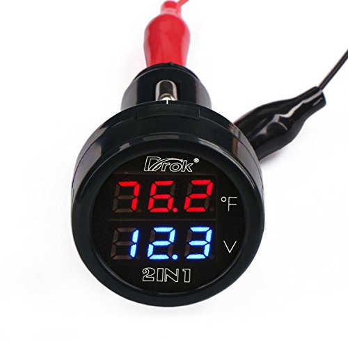 DROK Digital DC Voltage 10-170 Degree Fahrenheit Temperature Monitor Car Motorcycle Battery Voltmeter Thermometer 12V 24V Temp Volt Tester Multimeter - style: Standard