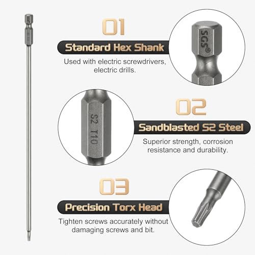 HARFINGTON 5pcs T10 Torx Head Screwdriver Bit 1/4" Hex Shank 8" (200mm) Long Magnetic No Hole Tip Tamper Proof 6 Point Star Screw Driver Drill Bits S2 Steel Industrial Power Screwdrivers - size: T10 x 8"(200mm)
