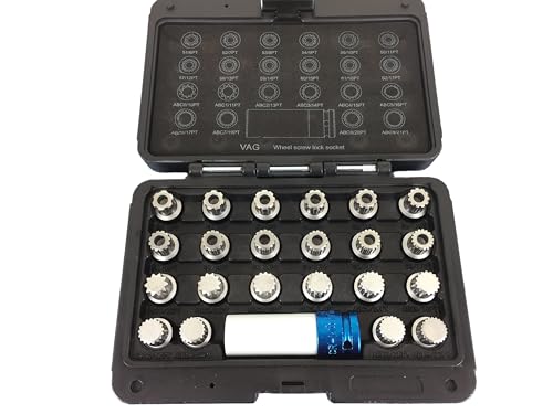 TEMO 23p Anti-Theft Wheel Lock Lug Nut Removal Key Socket A for VW Audi | Wheel Lock Nut Socket Adapter | Anti-Theft Screw Remover Repair Tool | Tyre Fitting, Garage Repair, Tire Change - size: 23pc VW set