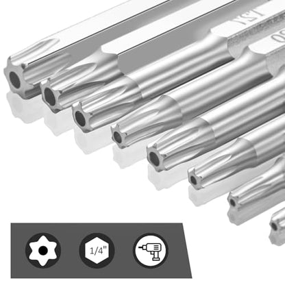 10 Piece Security Torx Bit Set (T6-T40), 1/4 Inch Hex Shank S2 Steel Magnetic Tamper Proof star screwdriver bit set 2" Long - style: T6-T40