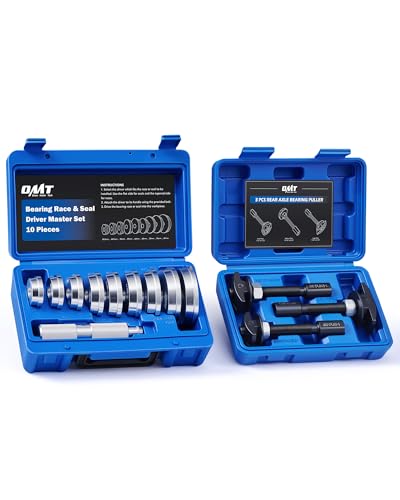 OMT 13pc Bearing Service Kit, Rear Axle Puller & Bearing Seal Driver Kit | 3 pullers, 9 dual-head driver discs, race remover & installer, 1045 steel chrome-plated, molded case