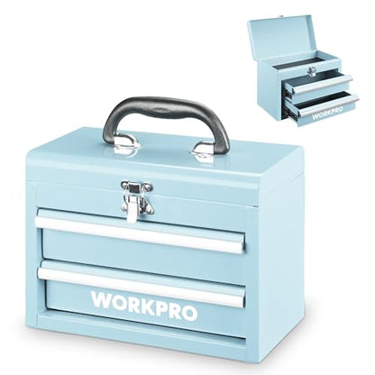 WORKPRO Portable Mini Tool Box, 2 Drawers Metal Tool Chest with Ball Bearing Slides, Top Storage with Latch, Ergonomic Carrying Handle, Mechanic Toolbox with PVC Liners and PP Feet Pads - color: Macaron Blue