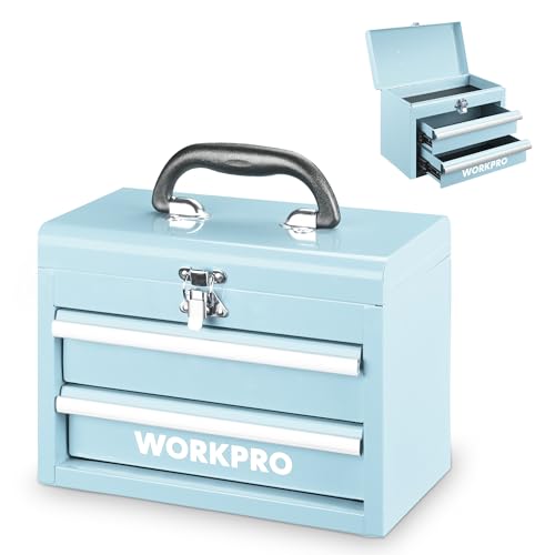 WORKPRO Portable Mini Tool Box, 2 Drawers Metal Tool Chest with Ball Bearing Slides, Top Storage with Latch, Ergonomic Carrying Handle, Mechanic Toolbox with PVC Liners and PP Feet Pads - color: Macaron Blue