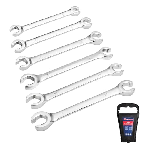 SPEEDWOX 6PCS Flare Nut Wrench Set Double-End Metric Size from 9mm to 21mm 15 Degree Offset Double Open End 45# Steel with Storage Rack for Automotive Brake Line, Fuel Line & Plumbing