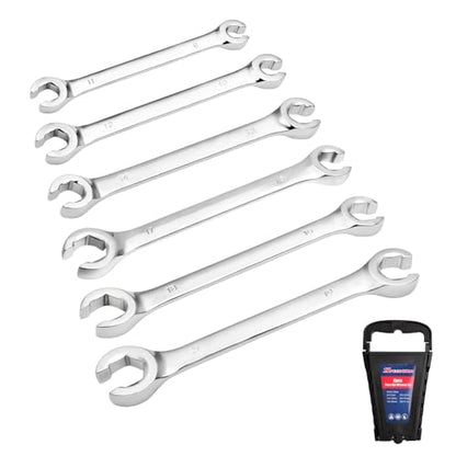SPEEDWOX 6PCS Flare Nut Wrench Set Double-End Metric Size from 9mm to 21mm 15 Degree Offset Double Open End 45# Steel with Storage Rack for Automotive Brake Line, Fuel Line & Plumbing